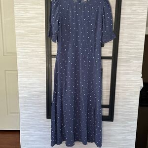 LOFT blue with white heart print short sleeve conservative long dress with small